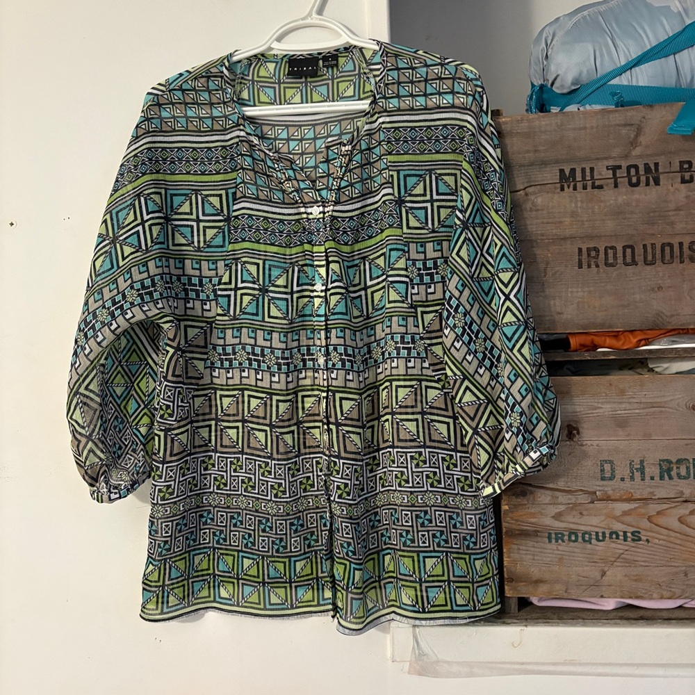 Funky Colourful Tribal Geometric Patterned Sheer Button-Up Top/Blouse Size 6